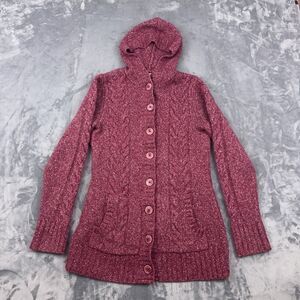 LL Bean Sweater Womens Size S Pink Hooded Cable Knit Button Front Wool Cardigan